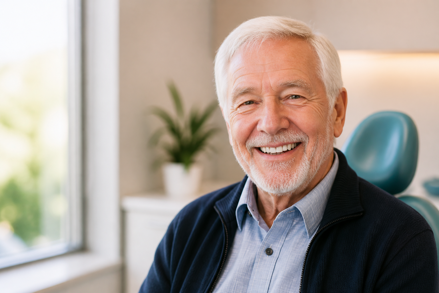 Older man smiling in a bright dental clinic